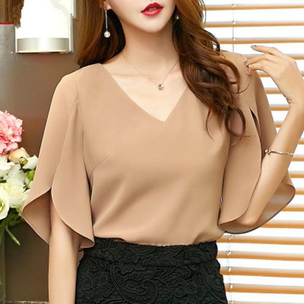 

women summer blouse shirt chiffon ruffle half sleeve split hollow casual loose elegant blouses blusas women's & shirts, White
