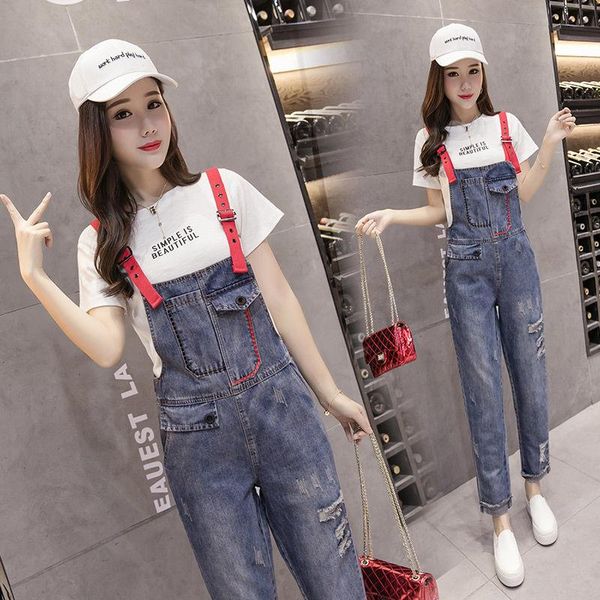 

women's jeans harajuku wind hole denim overalls women's summer wide-leg cropped trousers loose and thin suspender jumpsuit, Blue