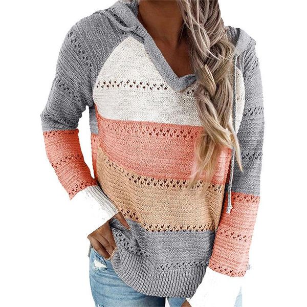 

women's sweaters v-neck hooded sweater fashion contrasting color casual knitwear long sleeve home everyday femalecoat, White;black