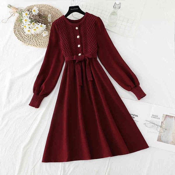 

casual dresses autumn winter fake two-piece knitted patchwork korean elegant lady sweater lantern sleeve sashes bow party long sy8, Black;gray