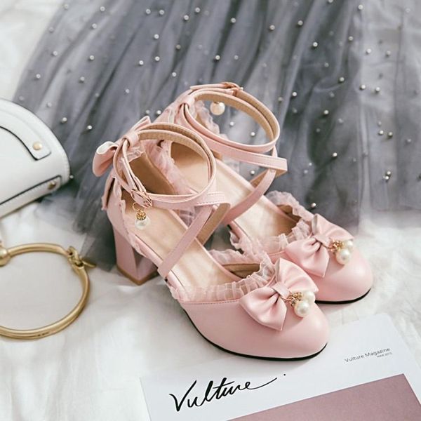 

pink sweetheart princess shoes round head japanese soft girl lolita high heel middle women's sandals, Black