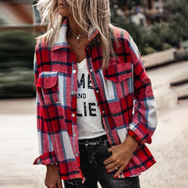 

women casual plaid shirt jacket coats vintage long sleeve oversize lapel pocket office jackets famale outerwear loose women's, Black;brown