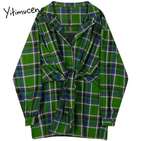 

yitimuceng vintage plaid blouse button women shirts loose spring fashion clothes long sleeve turn-down collar casual 210601, White