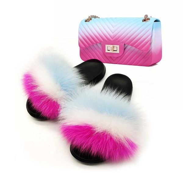 

fashion design fur slides pvc v patterns women's purse colorful jelly shoulder bags sets ladies home furry sandals slippers, Black