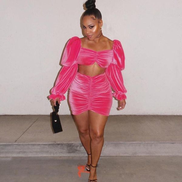 

two piece dress outfits velvet pink 2 set crop and mini skirt matching sets, White