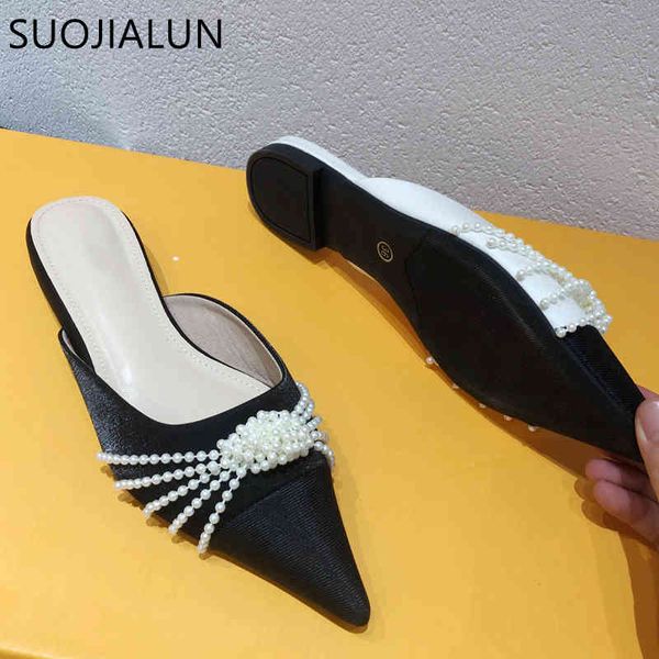 

suojialun 2021 summer women slippers pointed toe slip on pearl chain mules shallow flat heel slides casual outdoor sandal shoes c0330, Black