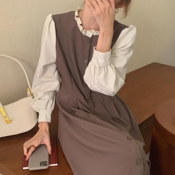 

casual dresses elegant puff sleeve o neck office ladies woman dress simple korean style chic loose autumn robe femme solid color a line vest, Black;gray