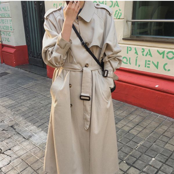 

england classic long trench coat belt female plus fashion ol overcoat slim all match loose slender lady windbreaker 210421, Tan;black