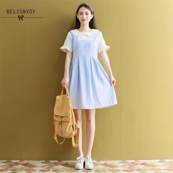 

japanese preppy style summer women sweet dresses peter pan collar blue green plaid robe femme elegant vestidos femininos 210520, Black;gray
