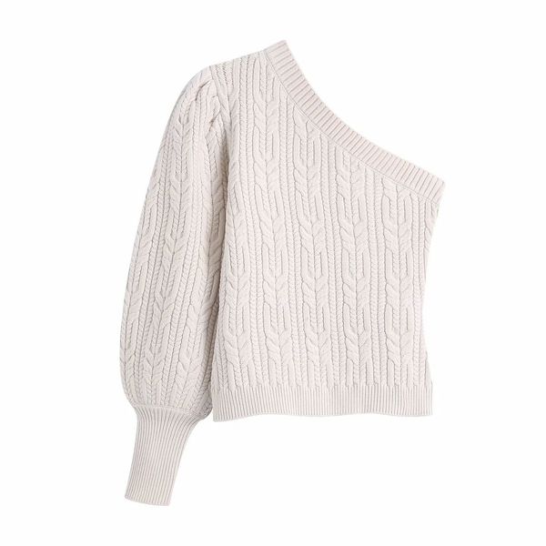 

women asymmetric knit sweater puff sleeves casual fashion chic lady woman knitted pullover 210420, White;black