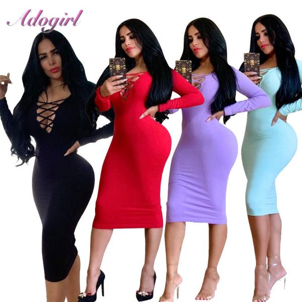 

casual dresses solid long sleeve deep v neck bodycon office ladies midi dress antumn bandage evening party women vestidos, Black;gray