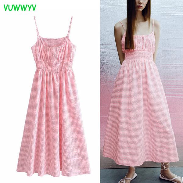 

vuwwyv dresses for women pink plaid backless midi dress woman summer vintage strappy pleated party elastic waist 210430, Black;gray