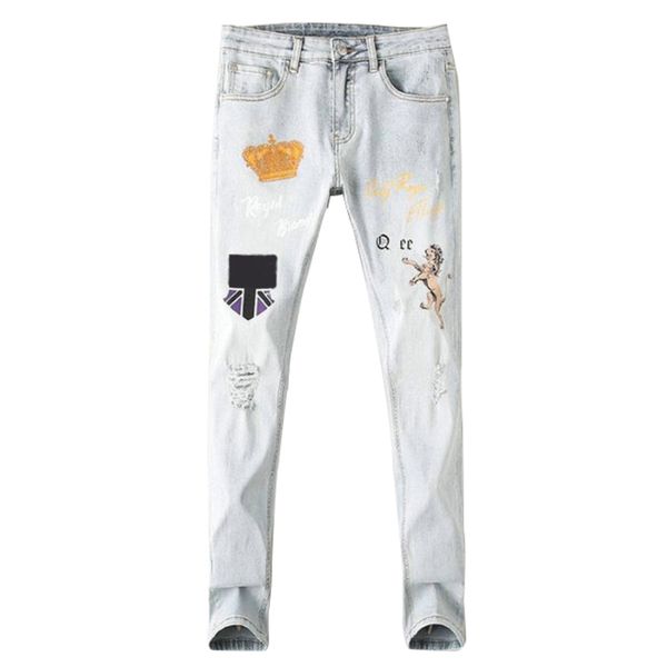 

men's jeans fashion sweat knee protector patchwork high street fashions jogger trousers men elastic waist harem pant pencil 25, Blue