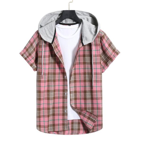

hooded short sleeve shirt men casual plaid printed shirts couple clothes hip hop streetwear blouse men's clothing, White;black