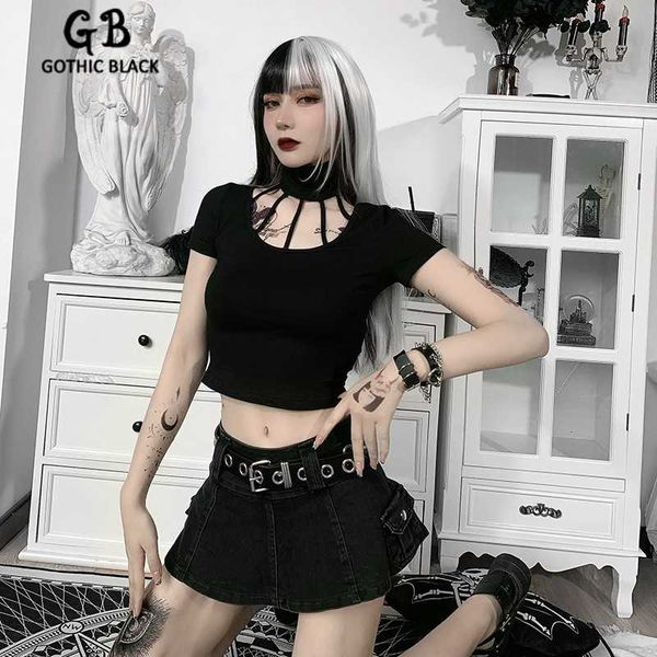 

women's t-shirt gothblack women solid halter hollow out crop gothic dark slim short sleeve tshirt fashion summer street bodycon, White