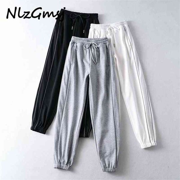 

pant women spring and autumn women's trousers elastic waist loose casual personality reflective band leggings 210628, Black;white