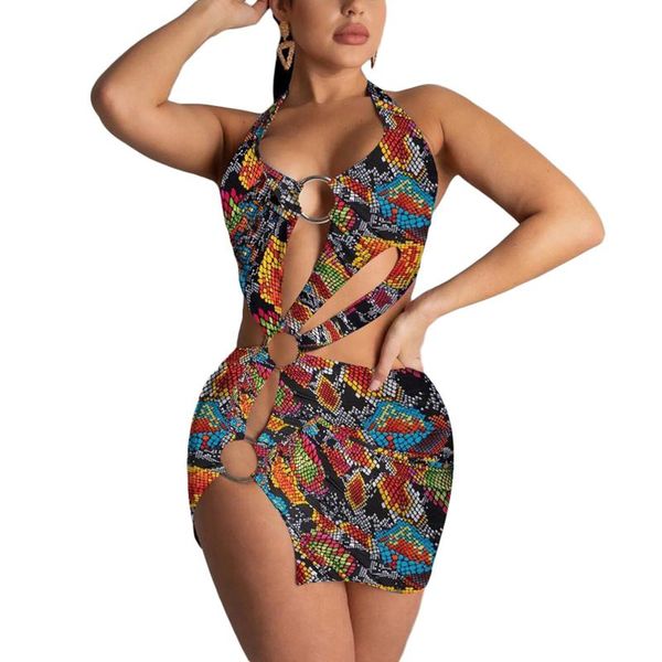 

women's swimwear women swimming halter dress with colorful tie-dye printing hollow ring decoration summer clothing, White;black