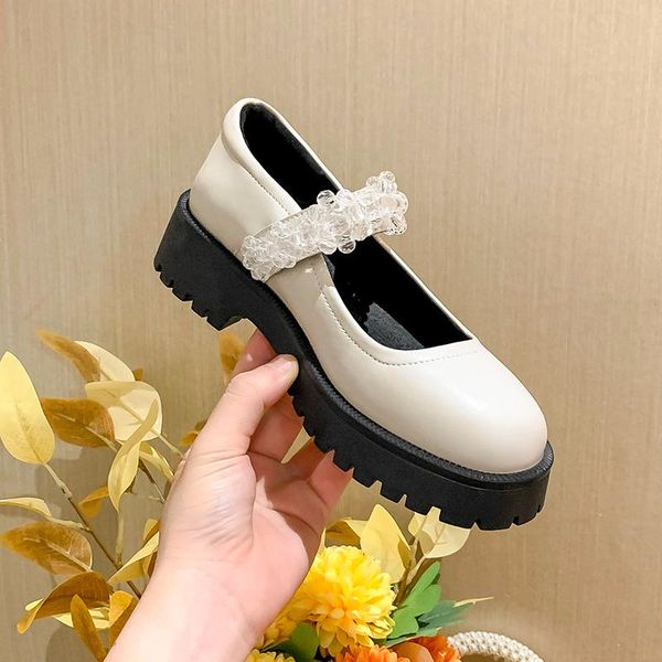 

dress shoes mary jane women genuine leather beaded 2021 spring summer british style loafers ladiesthick heel platform girl, Black