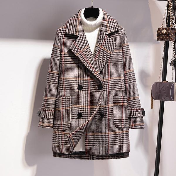 

women's wool & blends high end fashion retro plaid woolen coat female korean version autumn and winter ms straight fit, Black