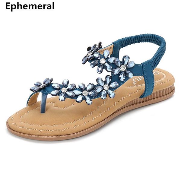

ladies flip flops flats luxury rhinestones sandals blue black pink elastic band anti-skip shoes tpr soft bottom plus size 35-42