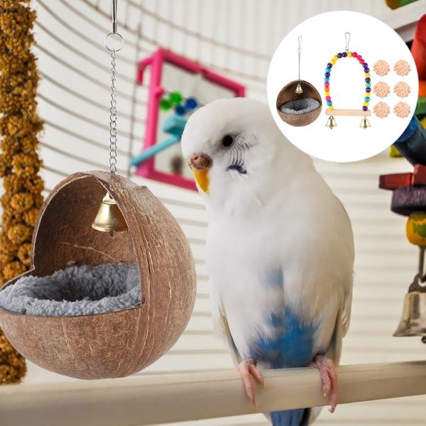 

bird cages 8pcs parrot coconut shell nest swing chewing plaything for small birds