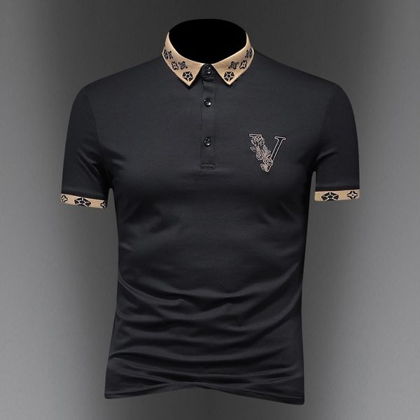 

summer embroidered short sleeve men's fashion mercerized cotton slim lapel t- business casual polo shirt, White;black
