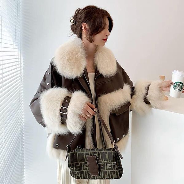 

women's fur & faux real patchwork genuine leather coat jackets female women natural sheepskin overcome thick warm outwear, Black