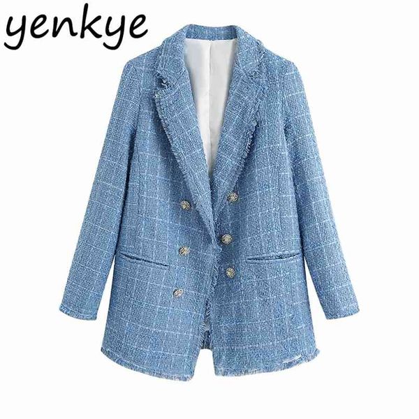 

vintage tweed blazer women button appliques notched collar long sleeve elegant suit jacket office lady blazers plus size 210514, White;black