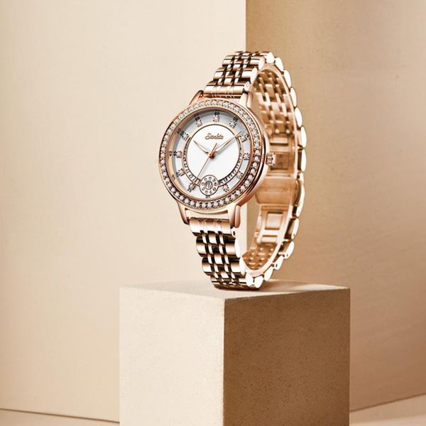 

wristwatches suntka watches women quartz watch women's fashion stainless steel ladies waterproof wrist, Slivery;brown