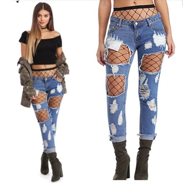 

women's jeans ripped for women straight loose mid waist hollow out hole boyfriend plus size denim trousers pants, Blue