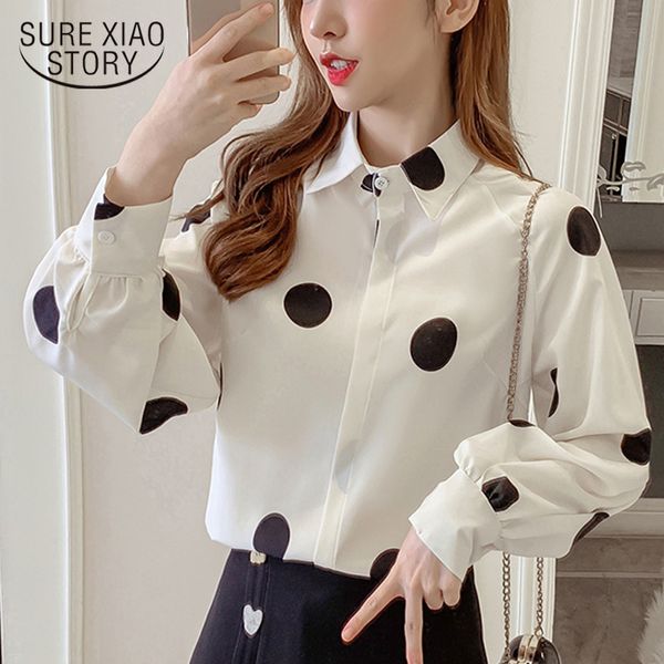 Sonbahar Polka Dot Uzun Beyaz Ve Siyah Bluz Tam Kollu Gömlek Lady Kadınlar Tops 5706 50 210417