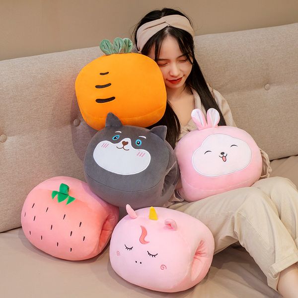 

7 kinds 25cm fruits cartoon animals hands warm pillow with holes pp cotton stuffed plushie for winter flannel blanket kids gift