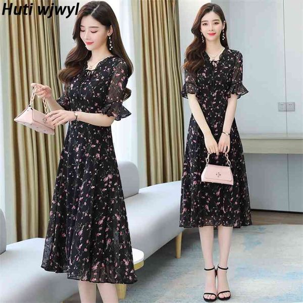 

spring summer black vintage floral chiffon midi dress plus size boho beach sundress elegant women party maxi vestidos 210528, Black;gray