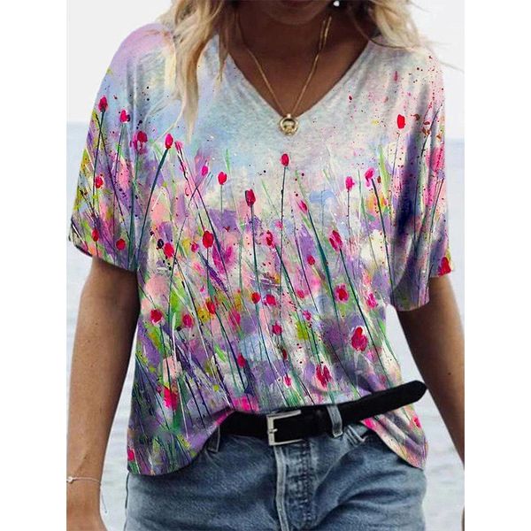 

women's 3d plant printed polyester t-shirt oversized loose short sleeve v-neck t-shirt casual streetwear summer basic t-shirt 5xl, White