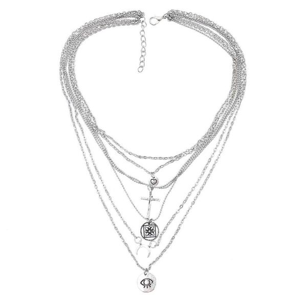 

trend fashion multilayer necklace for women retro coin star moon irregular graphic pendant long collar jewelry necklaces, Silver