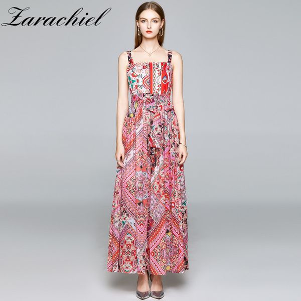 Sexy Slash Neck Backless Women Spaghetti Strap Elegante femminile Bohemian Maxi Dress Flower Print Abiti estivi in chiffon 210416