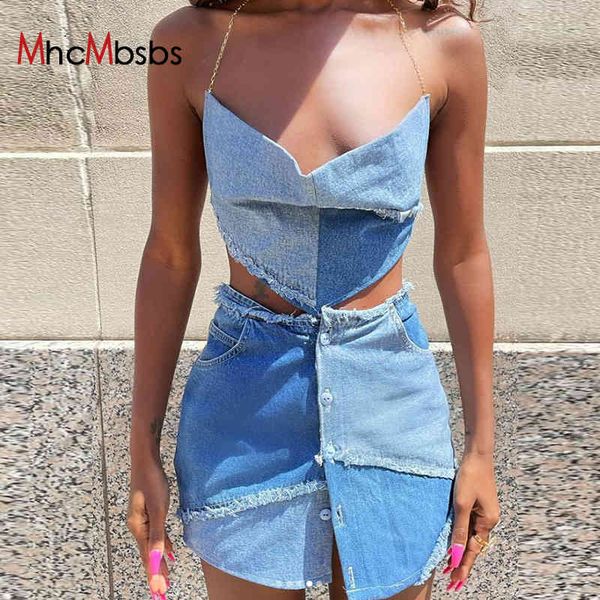 

two piece dress women backless camis set denim patchwork burr button up mini skirts 2021 summer vintage fairy grunge outf, White