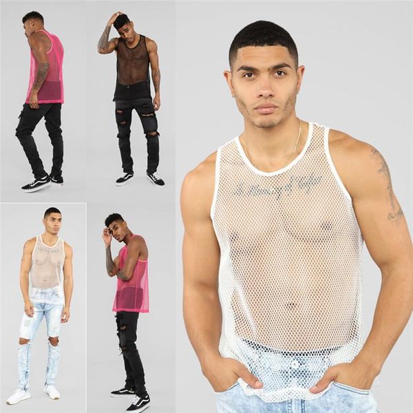 

men' tank sheer mesh club see-through fishnet slim fit vest male gym muscle tanks tee goocheer men summer costume, White;black