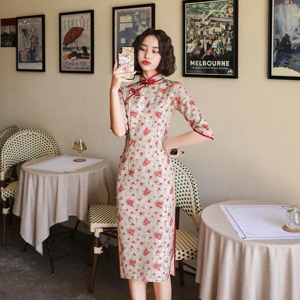 

ethnic clothing chinese style female lace dress print flower qipao vintage button tight cheongsam elegant evenning party slim vestidos, Red