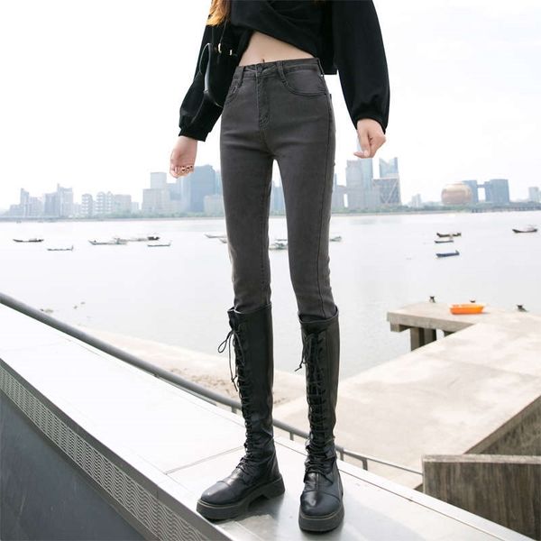 

women's jeans versatile stretch puffy grey autumn high waist korean version and slim winter plush capris qult, Blue