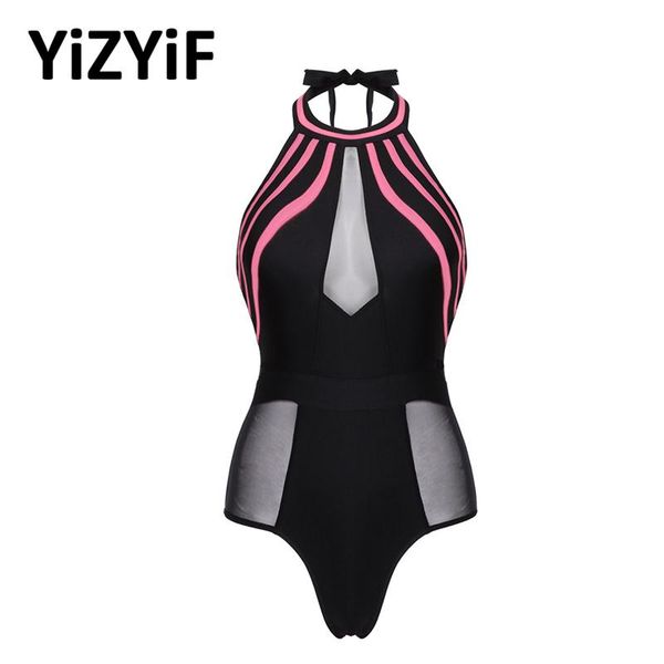 

one-piece suits women swimsuit bodysuit mesh patchwork swimwear halter neck sleeveless backless bathing suit summer swimming beach wear