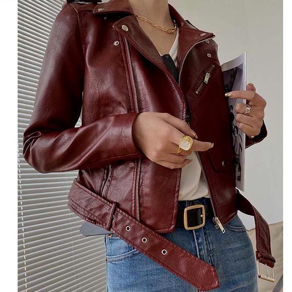 

fashion 2021 autumn winter women short coat female faux leather jackets pu turn-down collar zippers belt motorcycle gothic punk women's, Black