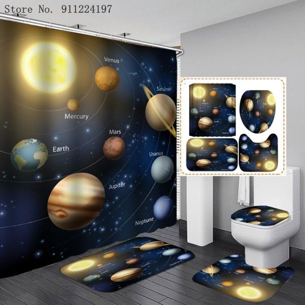 

piece planet shower curtain carpet cover toilet bath mat 3d printing black starry sky bathroom with 12 hooks accessory set