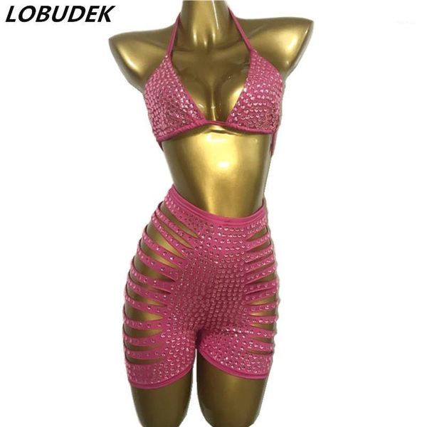

summer pink rhinestones bra high waist shorts set hollow hole crystals outfits bar club lady singer dj dancer show 2-pieces women's tra, Gray
