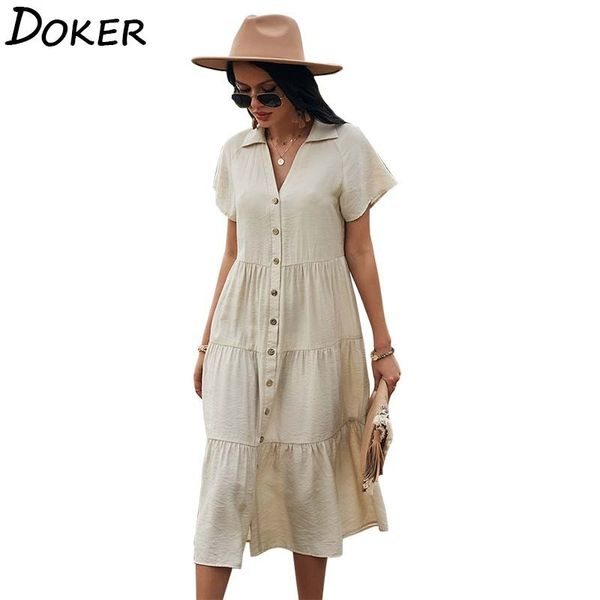 

summer solid long dresses women fashion single breasted turn-down collar short sleeve elegant plus size casual beach shirt dress 210423, Black;gray