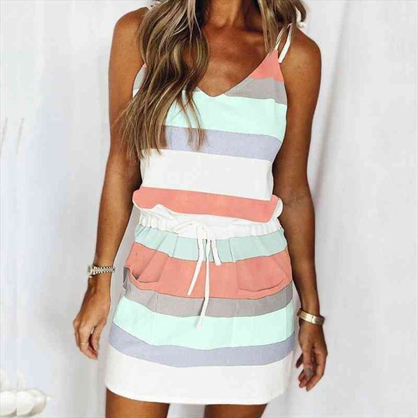 

summer casual striped sleeveless beach dress fashion elastic waist drawstring mini dress v neck women sling party, Black;gray