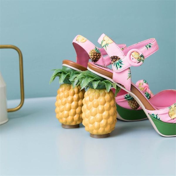 

women pink platform sandals pineapple chunky high heels summer shoes woman ankle strap chaussure femme ladies sandalias stiletto, Black