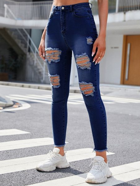 

ripped raw hem skinny jeans 91iw#, Blue
