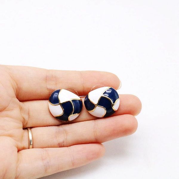 

clip-on & screw back navy blue white enamel mixed cute small earring, Silver