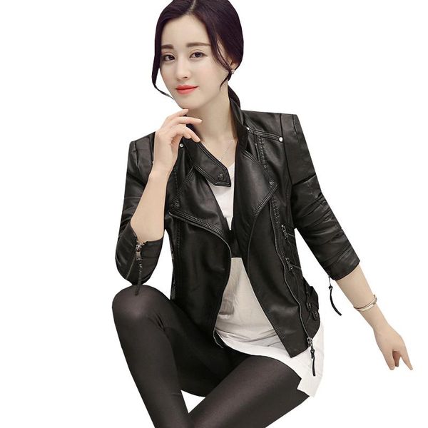 

women's jackets women pu leather jacket fashion autumn winter zipper coat turn down collar slim short coats motorcycle outerwear ab145, Black;brown